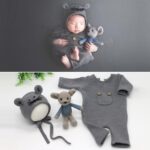 Ropa de fotografía para recién nacidos Mono de punto para bebé + Sombrero + Muñeco de ratón Conjunto de tres piezas, Mouse Doll Set (Grey)