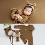 Ropa de fotografía para recién nacidos Mono de punto para bebé + Sombrero + Muñeco de ratón Conjunto de tres piezas, Mouse Doll Set (Brown)