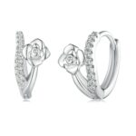 Pendientes De Plata De Ley S925 Con Baño De Oro Blanco Líneas Lisas Y Circonitas Florales, BSE752