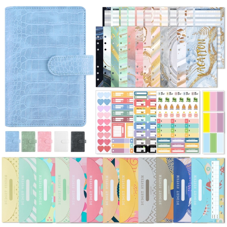 TBD0603349901D.jpg Carpeta de hojas sueltas de cuero PU con diseño de cocodrilo A6, organizador de sobres en efectivo para cuaderno económico, Crocodile Pattern (Glaze Blue) - Imagen 1