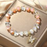 Pulsera de cuentas de cristal Pulsera de cristal natural para mujer, S2204-6 Orange+Butterfly