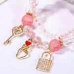 Pulsera de cuentas de cristal Pulsera de cristal natural para mujer, S2203-7 Pink+Key - Imagen 3