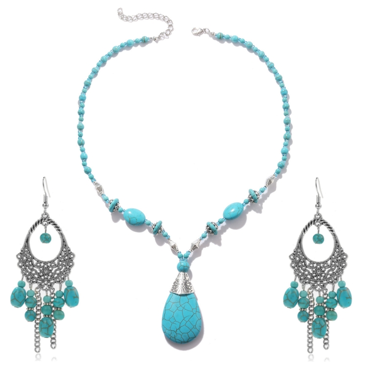 TBD0603375204.jpg Accesorios de turquesa natural Joyas para damas, 2pcs/set Necklace + Earrings - Imagen 1