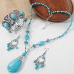 Accesorios de turquesa natural Joyas para damas, 2pcs/set Necklace + Earrings - Imagen 5