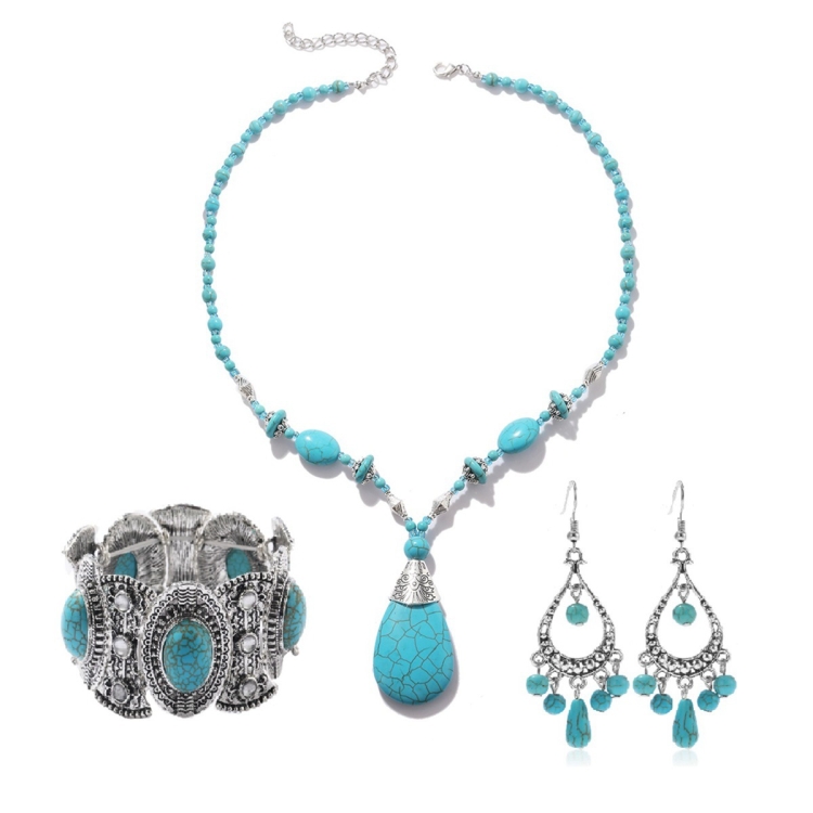 TBD0603375205.jpg Accesorios de turquesa natural Joyas para damas, 3pcs/set Necklace + Bracelet + Earrings - Imagen 1
