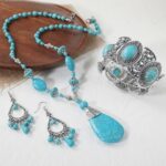 Accesorios de turquesa natural Joyas para damas, 3pcs/set Necklace + Bracelet + Earrings - Imagen 2