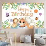 2 uds Animal cumpleaños tema telón de fondo tela fiesta decoración, 180x110cm - Imagen 2