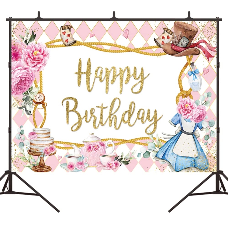 TBD0603695801.jpg Fondo de cumpleaños de dibujos animados de pastel de flores rosadas decoración de cumpleaños de tela Banner banderas colgantes, 150 x 100cm - Imagen 1