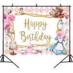 Fondo de cumpleaños de dibujos animados de pastel de flores rosadas decoración de cumpleaños de tela Banner banderas colgantes, 180 x 120cm