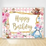 Fondo de cumpleaños de dibujos animados de pastel de flores rosadas decoración de cumpleaños de tela Banner banderas colgantes, 210 x 150cm - Imagen 2
