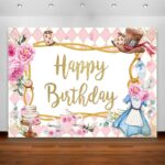 Fondo de cumpleaños de dibujos animados de pastel de flores rosadas decoración de cumpleaños de tela Banner banderas colgantes, 180 x 120cm - Imagen 3