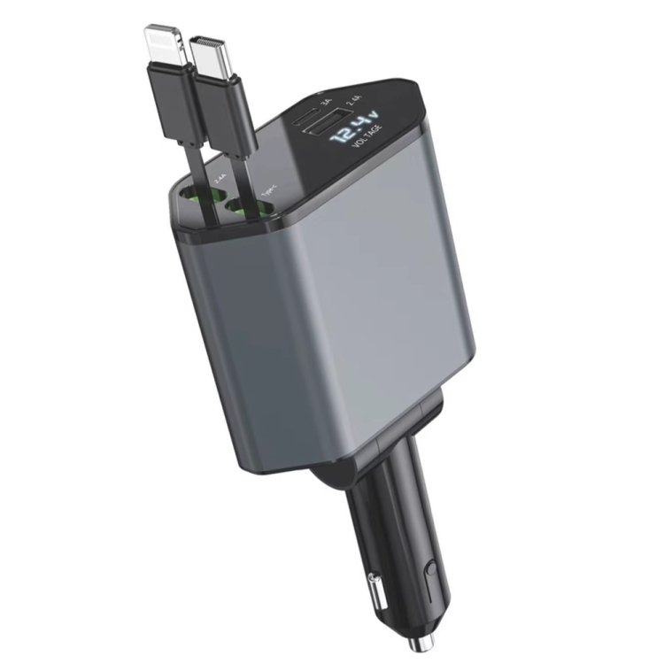 TBD0604944401A.jpg Cargador rápido para coche con pantalla digital de doble línea retráctil USB multifuncional 4 en 1 de 120 W - Imagen 1