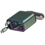 Cargador para automóvil con cable retráctil doble, luz ambiental, pantalla de voltaje y almacenamiento automático, Type-C+Type-C