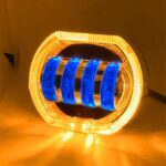 Faro LED de modificación general para vehículo eléctrico de motocicleta, 4 luces de doble lente, Yellow Aperture+Blue Devil Eye