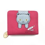 Cartera de gato lindo para mujer, cartera pequeña con cremallera, monedero de cuero PU, tarjetero, Cat Rose Red