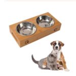 Combinación de cuencos de alimentación y bebida de acero inoxidable para perros y gatos con marco de bambú, S