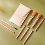 Mini cepillo de maquillaje con mango de madera 8 en 1, cepillo portátil para polvos sueltos