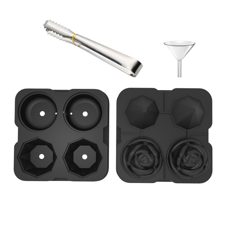 TBD0603963804.jpg Moldes para cubitos de hielo de cóctel con forma de diamante rosa de 4 agujeros, fabricante de bolas de hielo de silicona, Rose Shape (Black with Ice Clip) - Imagen 1