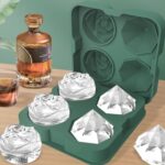 Moldes para cubitos de hielo de cóctel con forma de diamante rosa de 4 agujeros, fabricante de bolas de hielo de silicona, Rose Shape (Dark Green with Ice Clip) - Imagen 4