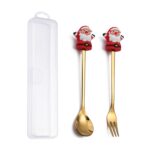 Juego de tenedor y cuchara de postre navideño, vajilla portátil de dibujos animados, 2 unidades por paquete, Santa Claus Golden