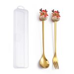 Juego de tenedor y cuchara de postre navideño, vajilla portátil de dibujos animados, 2 unidades por paquete, Christmas Elk Golden