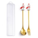 Juego de tenedor y cuchara de postre navideño, vajilla portátil de dibujos animados, 2 unidades por paquete, Christmas Snowman Golden