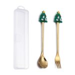 Juego de tenedor y cuchara de postre navideño, vajilla portátil de dibujos animados, 2 unidades por paquete, Christmas Small Tree Golden