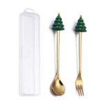 Juego de tenedor y cuchara de postre navideño, vajilla portátil de dibujos animados, 2 unidades por paquete, Christmas Round Tree Golden