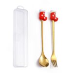 Juego de tenedor y cuchara de postre navideño, vajilla portátil de dibujos animados, 2 unidades por paquete, Christmas Socks Golden