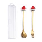 Juego de tenedor y cuchara de postre navideño, vajilla portátil de dibujos animados, 2 unidades por paquete, Christmas Hat Golden