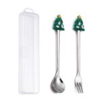 Juego de tenedor y cuchara de postre navideño, vajilla portátil de dibujos animados, 2 unidades por paquete, Christmas Small Tree Silver