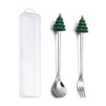 Juego de tenedor y cuchara de postre navideño, vajilla portátil de dibujos animados, 2 unidades por paquete, Christmas Round Tree Silver