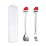 Juego de tenedor y cuchara de postre navideño, vajilla portátil de dibujos animados, 2 unidades por paquete, Christmas Hat Silver