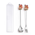 Juego de tenedor y cuchara de postre navideño, vajilla portátil de dibujos animados, 2 unidades por paquete, Christmas Elk Silver