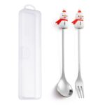 Juego de tenedor y cuchara de postre navideño, vajilla portátil de dibujos animados, 2 unidades por paquete, Christmas Snowman Silver
