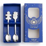 Juego de regalo de vajilla con cuchara de acero inoxidable navideña, 2 unidades por paquete, Blue Box Silver Gingerbread+Snowman