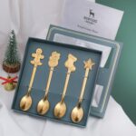 Juego de regalo de vajilla con cuchara de acero inoxidable navideña de 4 unidades por paquete, Golden Green Box