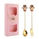 2 unids/pack regalo de Navidad cuchara fruta de dibujos animados tenedor postre cuchara para café, Elk (Pink Box)