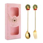 2 unids/pack regalo de Navidad cuchara fruta de dibujos animados tenedor postre cuchara para café, Wreath (Pink Box)