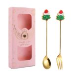 2 unids/pack regalo de Navidad cuchara fruta de dibujos animados tenedor postre cuchara para café, Tree (Pink Box)
