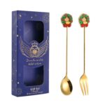 2 unids/pack regalo de Navidad cuchara fruta de dibujos animados tenedor postre cuchara para café, Wreath (Blue Box)