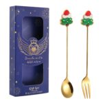 2 unids/pack regalo de Navidad cuchara fruta de dibujos animados tenedor postre cuchara para café, Tree (Blue Box)