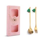 Cuchara mezcladora navideña, tenedor de fruta con cubiertos colgantes, paquete de 2 unidades, Tree (Pink Box)