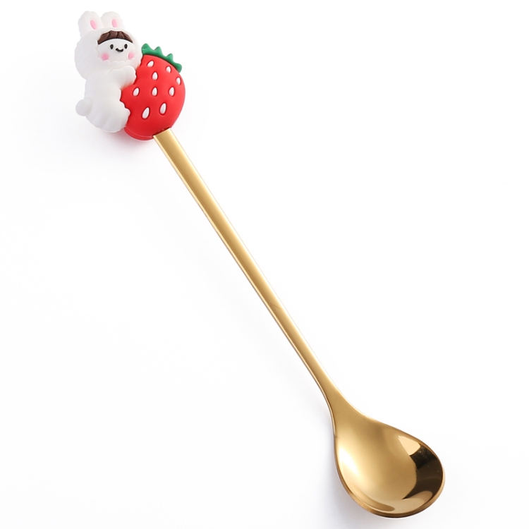TBD0604201303.jpg Cuchara de café de acero inoxidable, tenedor de fruta de dibujos animados, vajilla bonita para niños, Strawberry Rabbit Spoon - Imagen 1