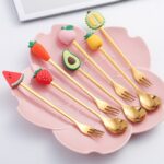 Cuchara de café de acero inoxidable, tenedor de fruta de dibujos animados, vajilla bonita para niños, Strawberry Rabbit Fork - Imagen 3