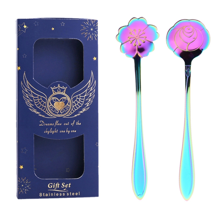 TBD0604202712.jpg Juego de cubiertos de cuchara y tenedor de acero inoxidable de 2 piezas / paquete, Colorful Spoons+Blue Box - Imagen 1