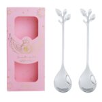 Juego de cubiertos de cuchara y tenedor de acero inoxidable de 2 piezas / paquete, Leaf Spoon+Pink Box (Silver)