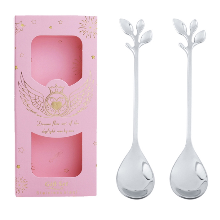 TBD0604202713.jpg Juego de cubiertos de cuchara y tenedor de acero inoxidable de 2 piezas / paquete, Leaf Spoon+Pink Box (Silver) - Imagen 1