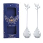 Juego de cubiertos de cuchara y tenedor de acero inoxidable de 2 piezas / paquete, Leaf Spoon+Blue Box (Silver)