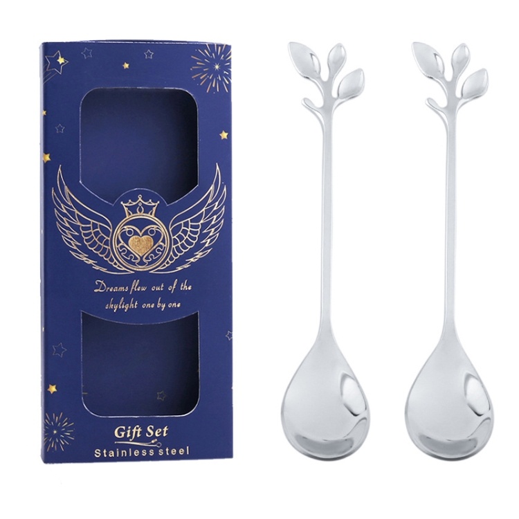 TBD0604202714.jpg Juego de cubiertos de cuchara y tenedor de acero inoxidable de 2 piezas / paquete, Leaf Spoon+Blue Box (Silver) - Imagen 1